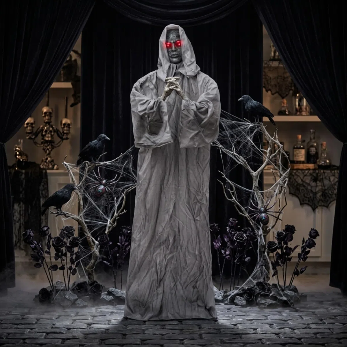 de con Capucha Figura Decorativa de Festival Estatua de Halloween Adorno con Material de Plástico y Tela Activación por Sonido y Temblores Adecuado para Fiestas Entradas Interiores