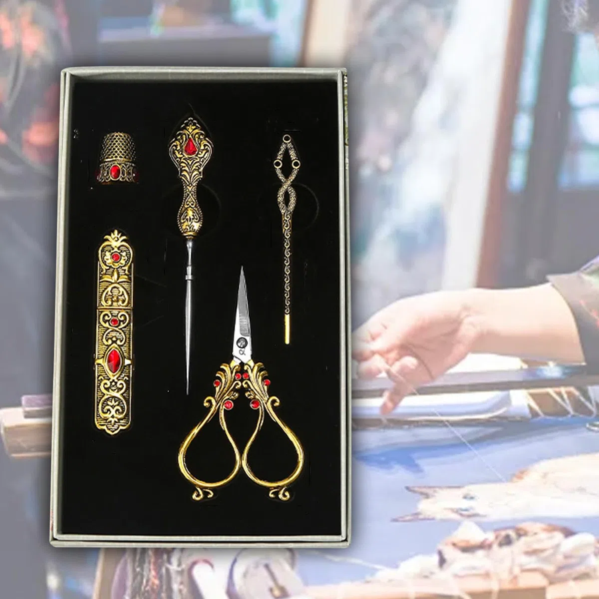 Kit de Bordado, Kit de Costura, Herramientas de Costura, Estuche Portátil para Agujas, Juego de Tijeras de Costura, Tijeras de Sastre para Manualidade, Oro, Individual