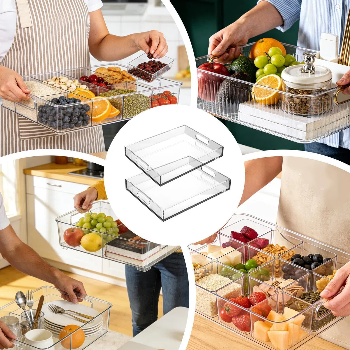 Bandejas de acrílico para exhibición 2 Piezas Grandes Claras a Prueba de | Organizador Rectangular Antiderrames para Snacks, Cafetería, Comedor, Postres, Mesas de Centro y