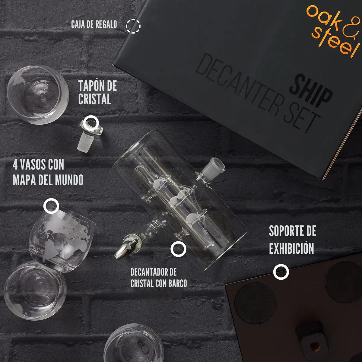 Oak & Steel - Juego Decantador De Whisky mas Set de 4 Vasos - Decantador Aireador para Bebidas Espirituosas Ideal para Ocasiones Especiales - Capacidad de 1000 ml
