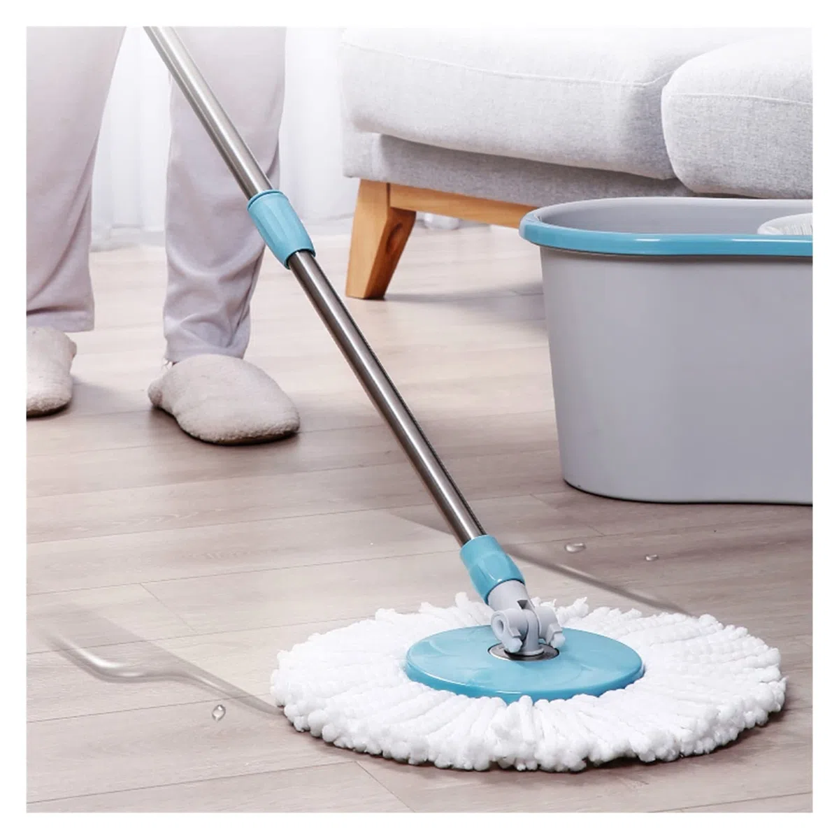 Juego de fregona y cubo giratorios Spin Mop y Bucket con juego de escritorios, sistema de limpieza de pisos, fácil pedal de pie, mango de fregona de acero inoxidable, 2 almohadillas de microfibra Freg
