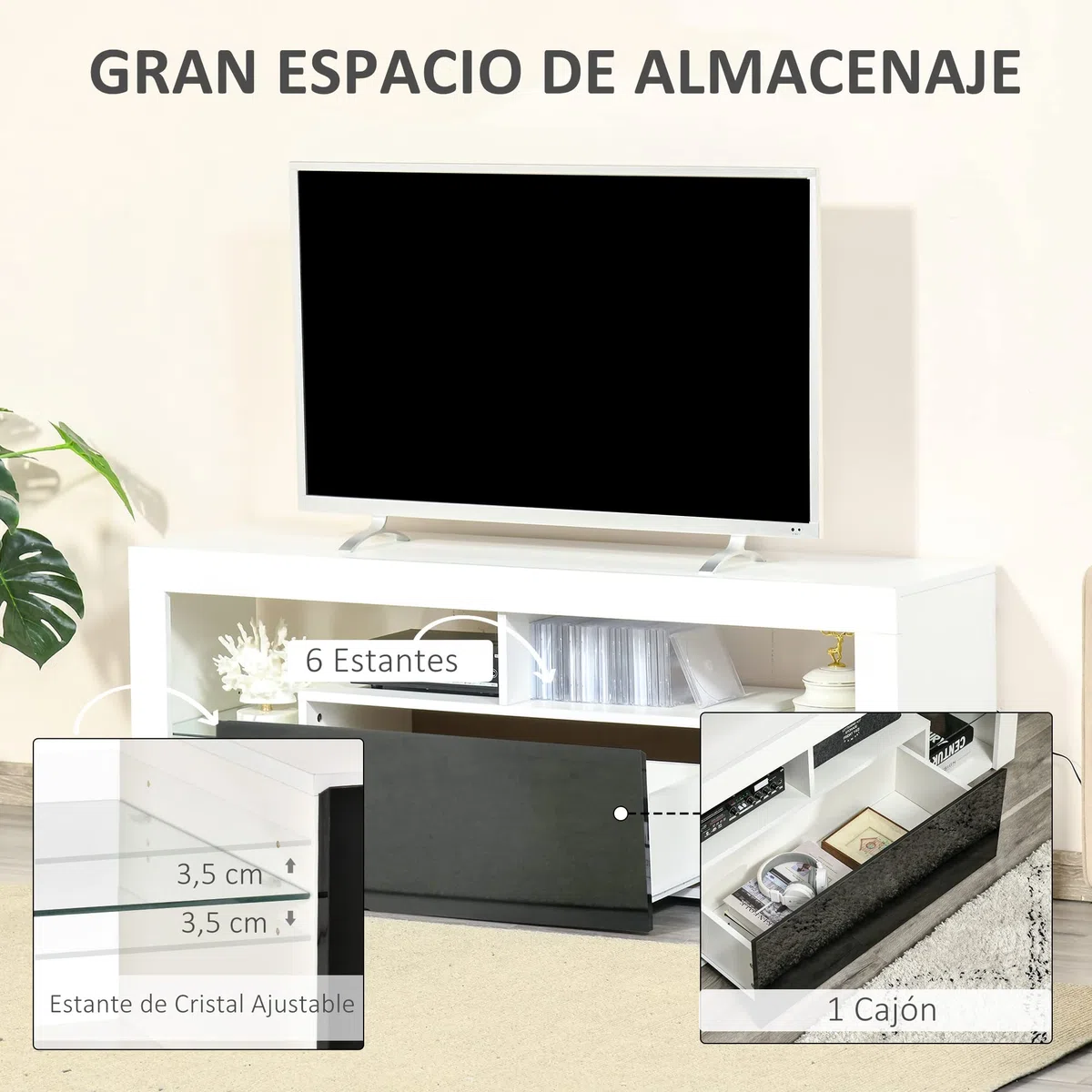HOMCOM Mueble de TV para Televisiones de 55”Pulgadas 140x35x52 cm Blanco | Mesa para TV de Salón, Luz LED, 6 Modos de Colores, Mando a Distancia, Cajón, Estantes de Cristal Ajustables, Alto Brillo