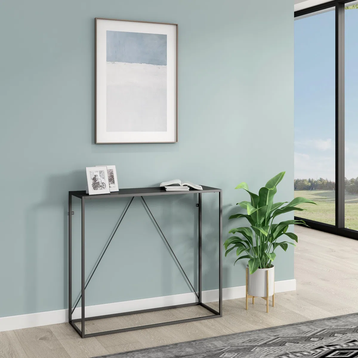 [en.casa] Mesa Consola Mueble de Entrada Moderno Robusto para Oficina Pasillo Recibidor Montaje Rápido Acero 90 x 30 x 80 cm - Negro