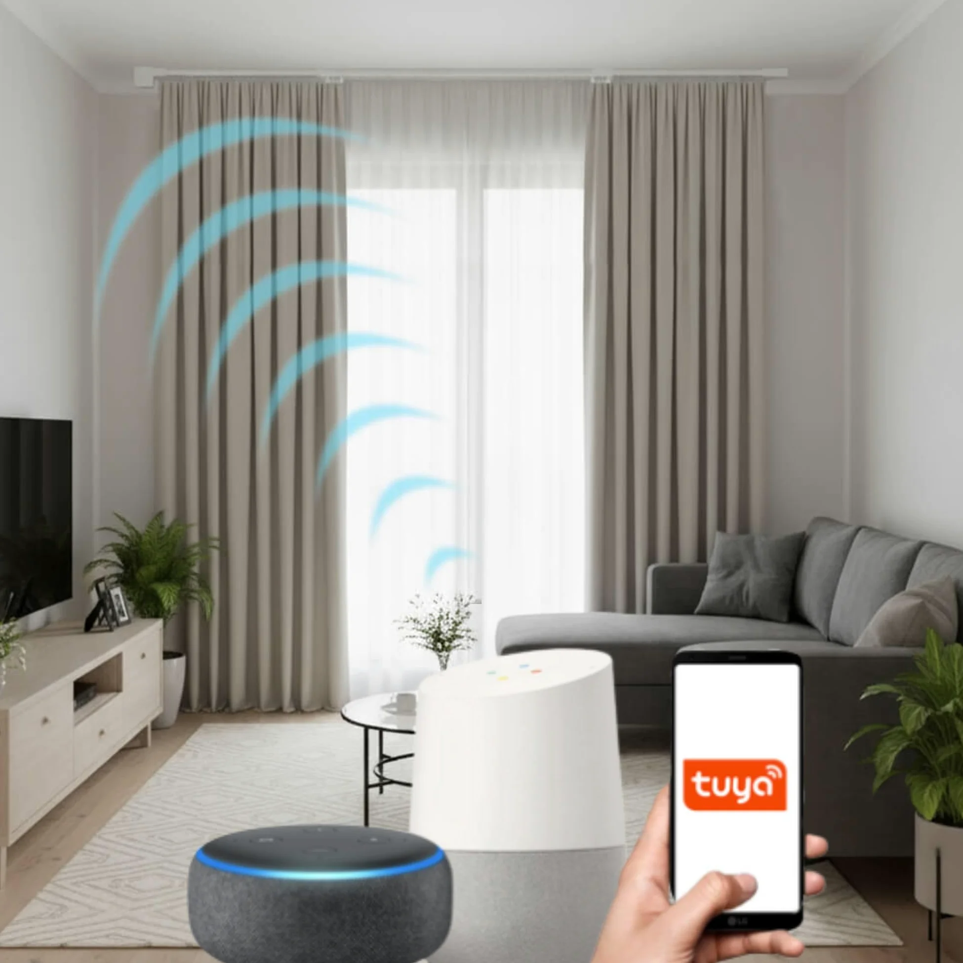 Riel de Cortina Extensible Motorizado Ancho 1-1,6 Metros FabTrack | Apertura Central de las Cortinas, Motor Wifi y Control Remoto, Compatible con Google Home, Alexa y App Tuya Smart
