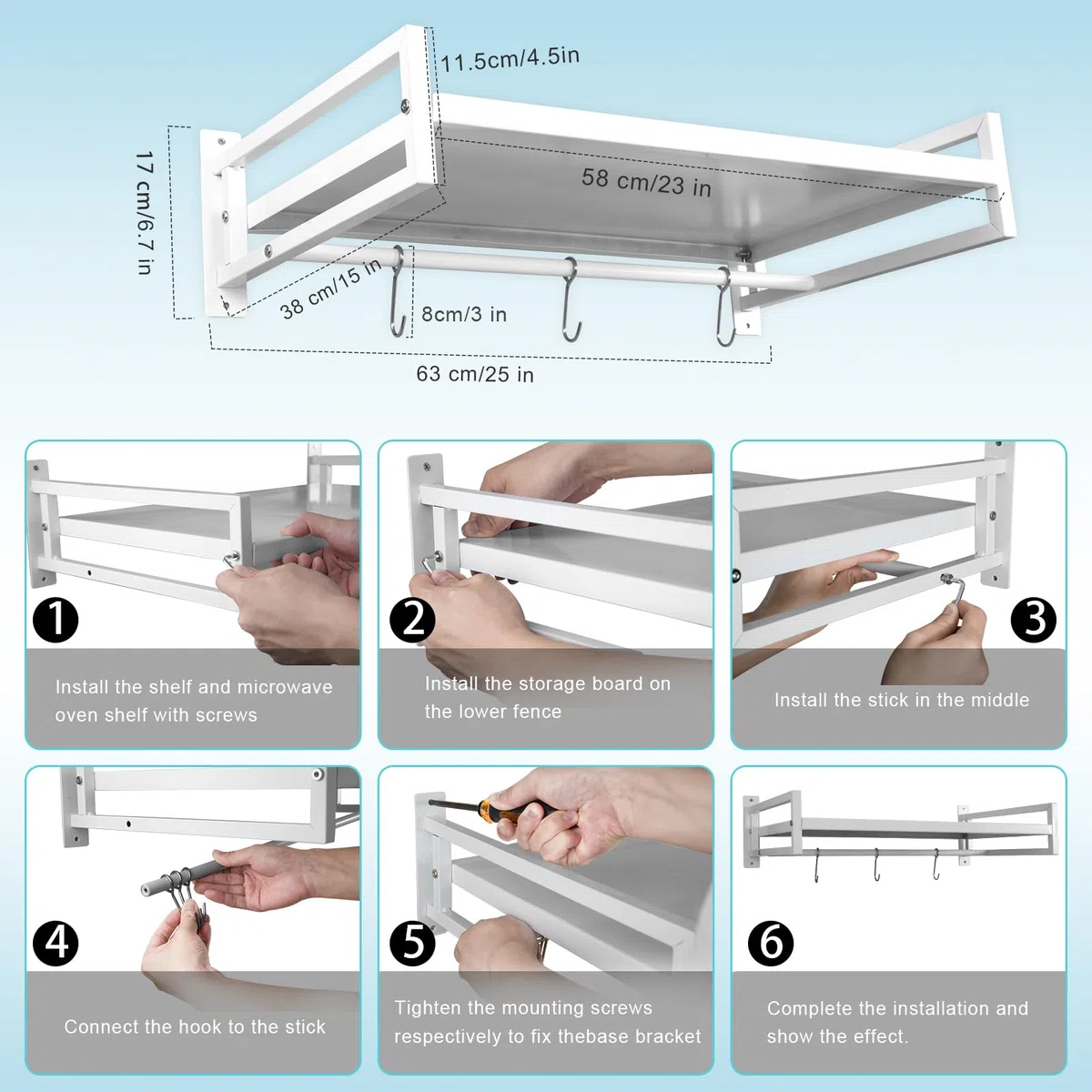 ABCOOL Estante de pared para horno microondas, soporte de encimera de acero al carbono blanco con riel de gancho y 3 ganchos deslizantes para cocina y hogar