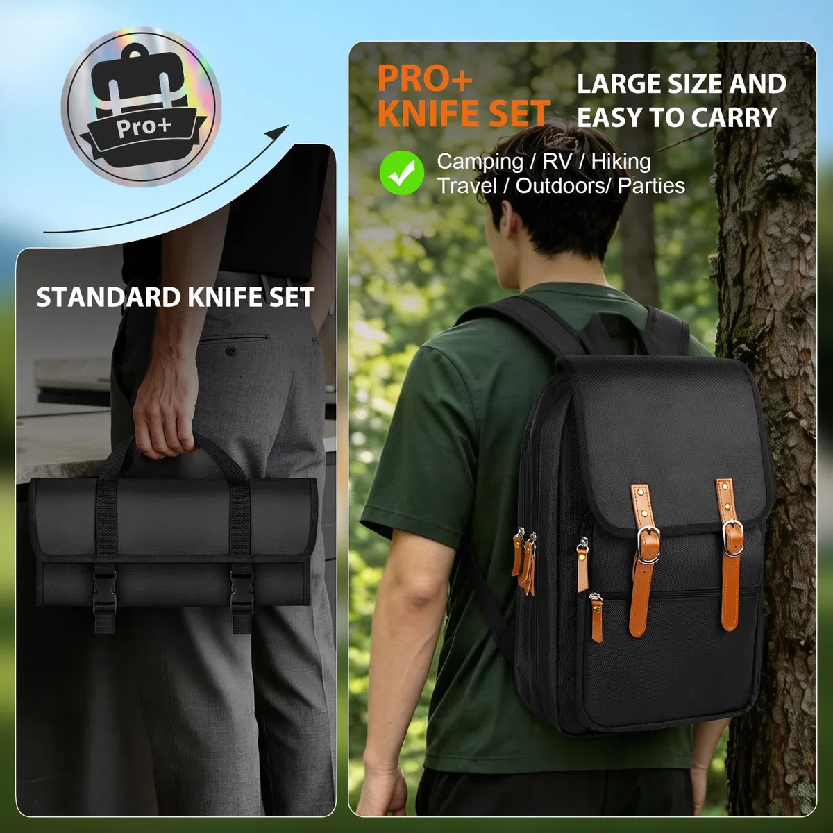 Juego de Cuchillos de Cocina Utensilios para Barbacoa Camping Picnic | Incluye 7 Cuchillos, Afilador e Fundas, Accesorios BBQ, Espátula para Risotto, Espátula Ranurada, Cuchara, Pinzas de Cocina