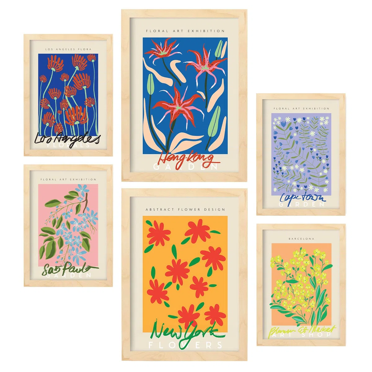 Nacnic Set de 6 pósters de Galería Floral. Colección de láminas con estética Collage para la decoración de Interiores. Tamaños A3 y A4. Marco de Madera Clara.