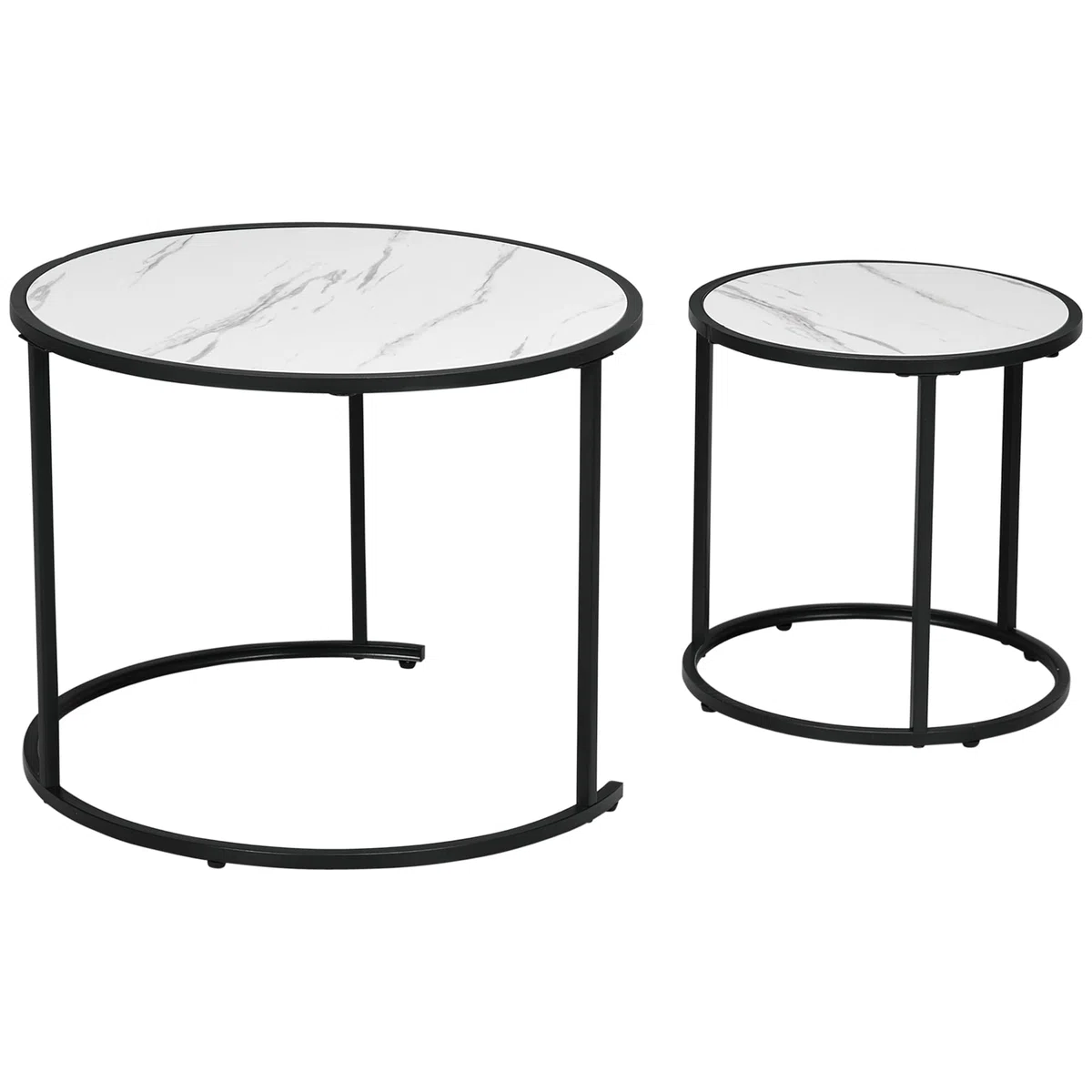 HOMCOM Juego de 2 Mesas Auxiliares Redondas Apilables Mesas Nidos Modernas con Encimera en Efecto de Mármol y Marco de Acero Ø60x46 cm y Ø40x40 cm Blanco