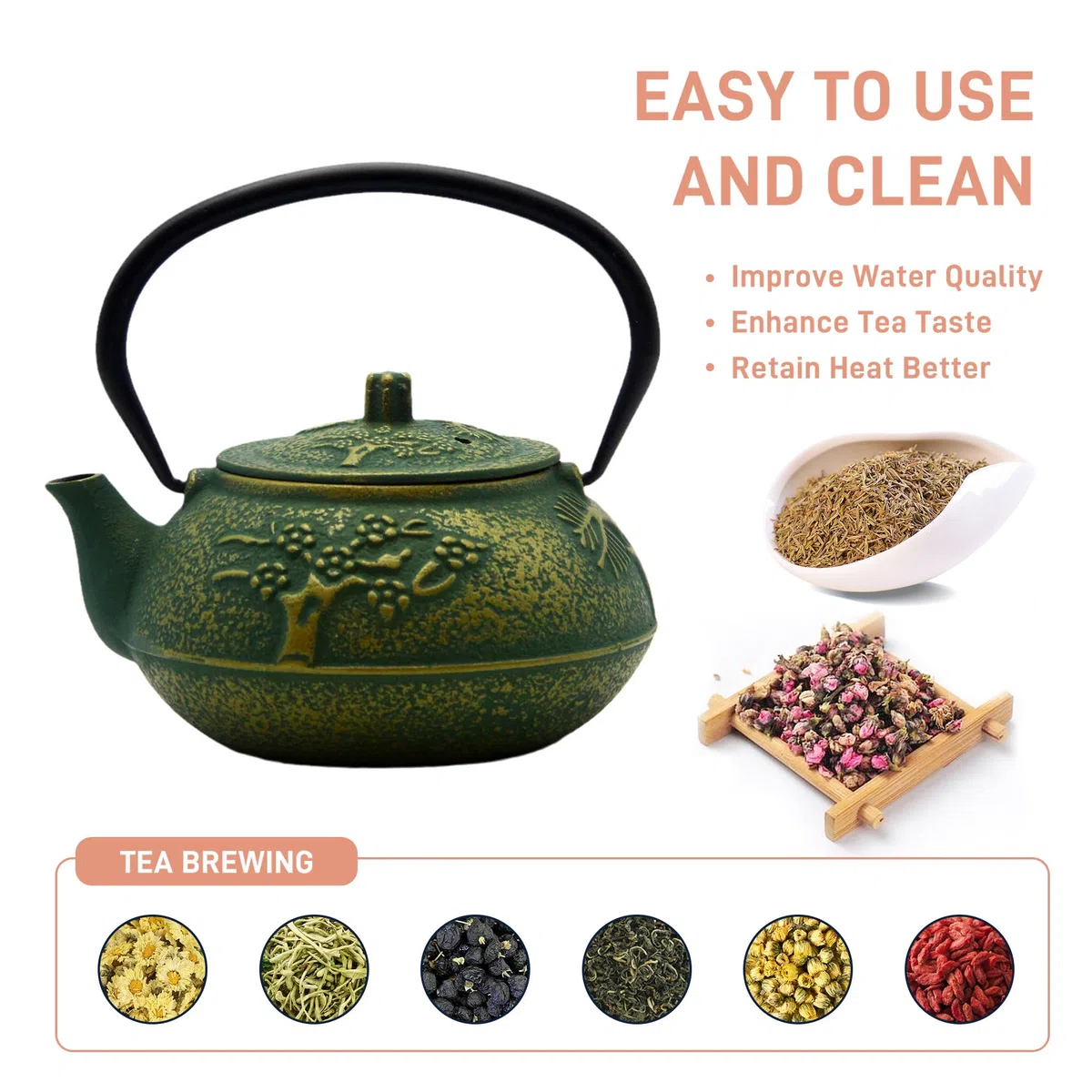 Tetera de hierro fundido, tetera SECHUDO recubierta con interior esmaltado para té suelto, tetera de hierro fundido con infusor de acero inoxidable para estufa segura (30 onzas, patrón 2)
