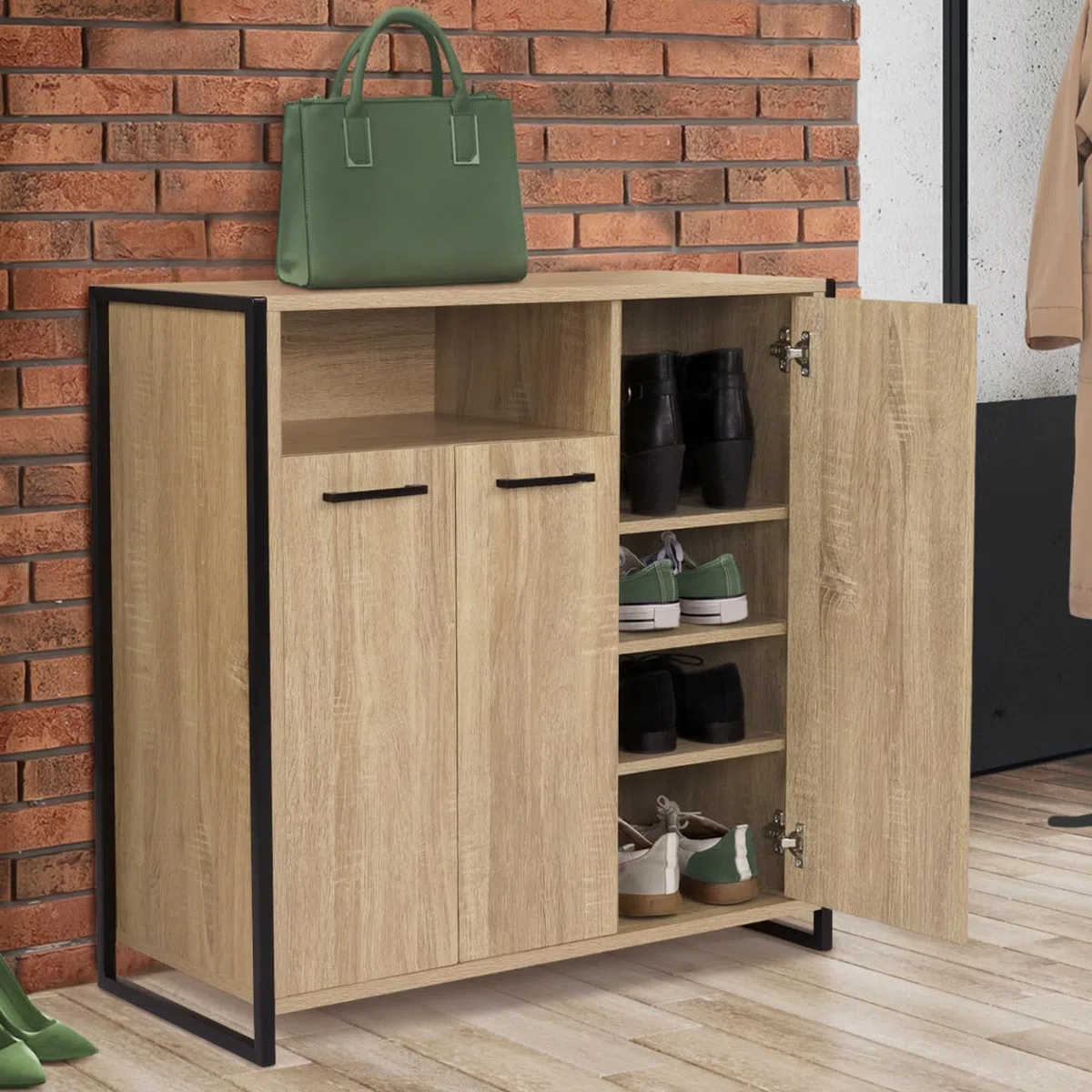 IDMarket Luis - Armario para zapatos de 18 pares de 3 puertas con nicho de diseño industrial