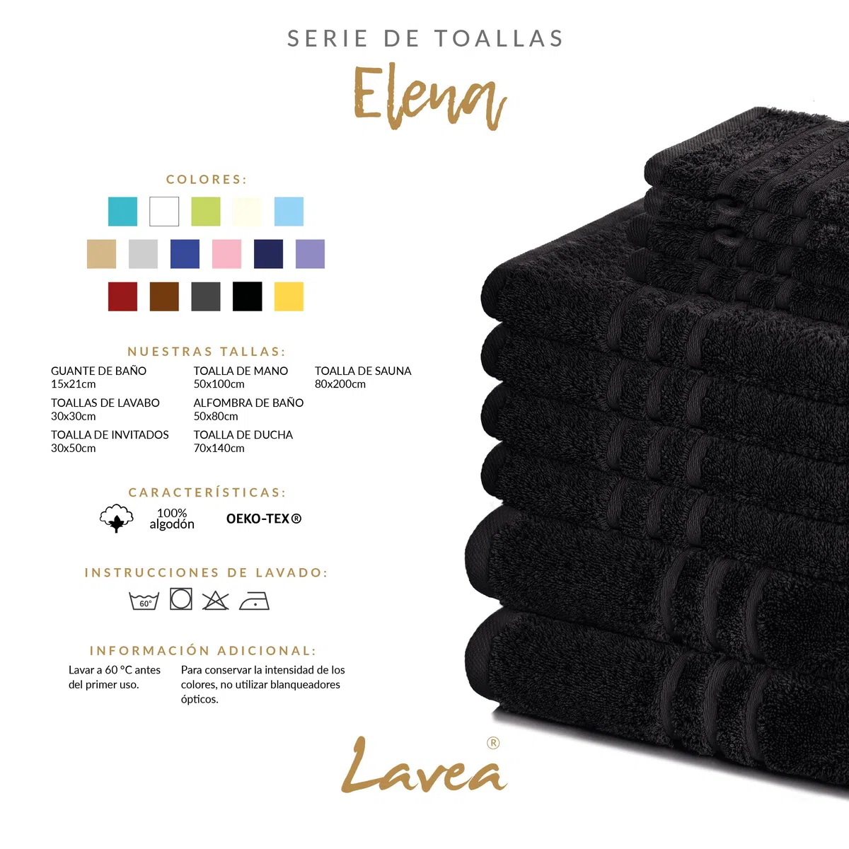 Lavea® Juego de 4 Toallas de Baño 70x140 cm en Rizo 100% Algodón – Suaves y Absorbentes – Toallas de Baño Grandes y Toallas de Ducha Ideales para Casa, Hotel y SPA – Negro