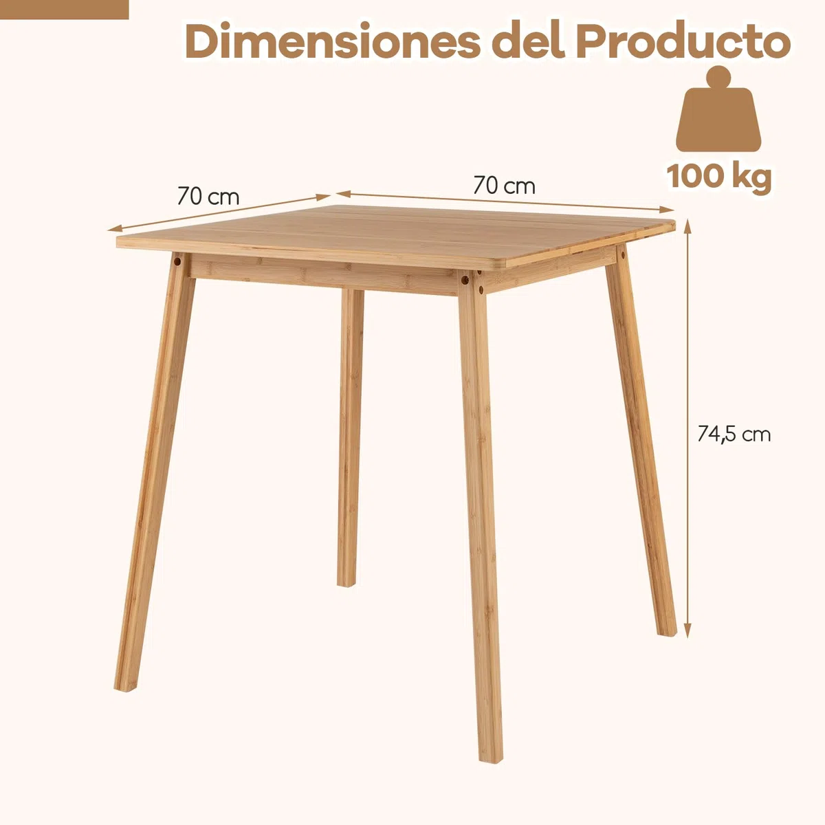 COSTWAY Mesa de Comedor Cuadrada de Bambú, Mesa de Cocina de Madera Maciza de 70 cm, Escritorio Moderno para Espacios Pequeños, Comedor, Sala de Estar y Estudio, para 2-4 Personas, Carga hasta 100 kg