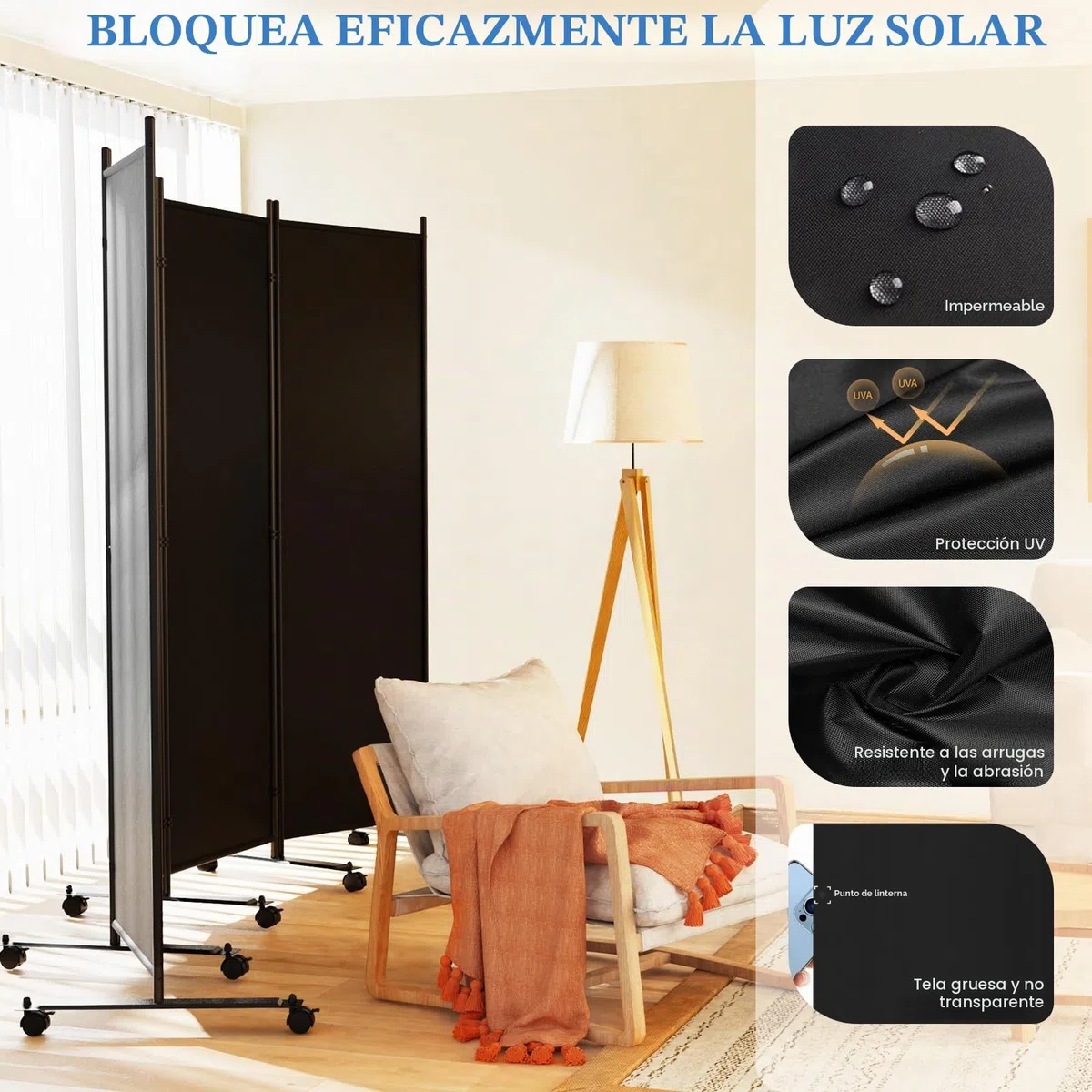 WELDUN Divisor de habitación de 4 paneles de 183 cm, pantallas plegables de privacidad con ruedas bloqueables, división de habitación para separador de habitaciones, separadores de pared de tela