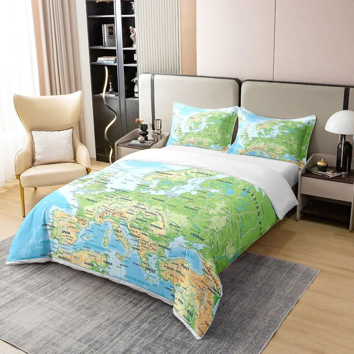 100% algodón natural mapa del mundo cubierta edredón 155 x 220, juego de cama azul océano para niños,mapa de diferentes países funda nórdica arte abstracto edredón cubierta transpirable decoración de