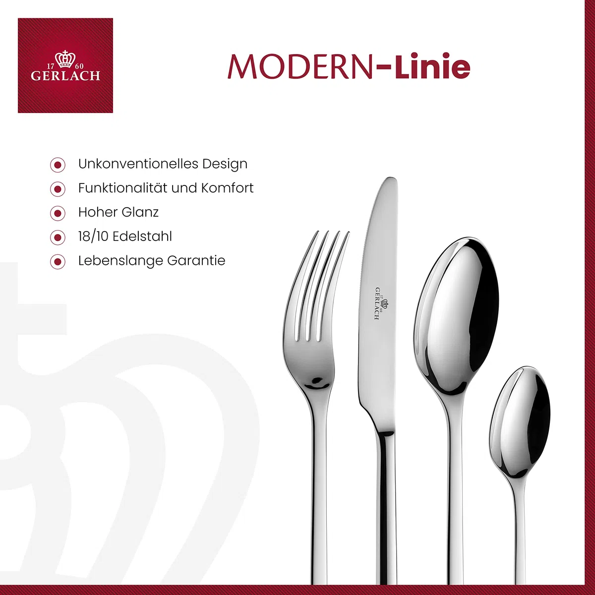 Gerlach Moderno Juego de cubertería para 6 Personas, Apto para lavavajillas, de Acero Inoxidable, Elegantes Cubiertos con Cuchillo, Tenedor, Cuchara y cucharilla, 24 Unidades, Color Plateado