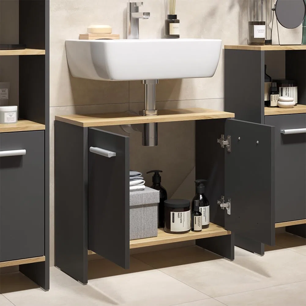 Vicco Conjunto de Muebles de baño Karli, Antracita/Roble Dorado, 63.8 cm, Compuesto por Mueble bajo para Lavabo y Columna de baño