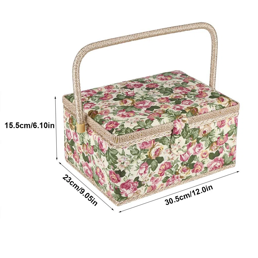 Cesta De Costura para Suministros De Costura, Caja De Artesanía De Costura con Estampado Floral De Tela con Asa, Organizador De Almacenamiento De Kit De Costura para El Hogar