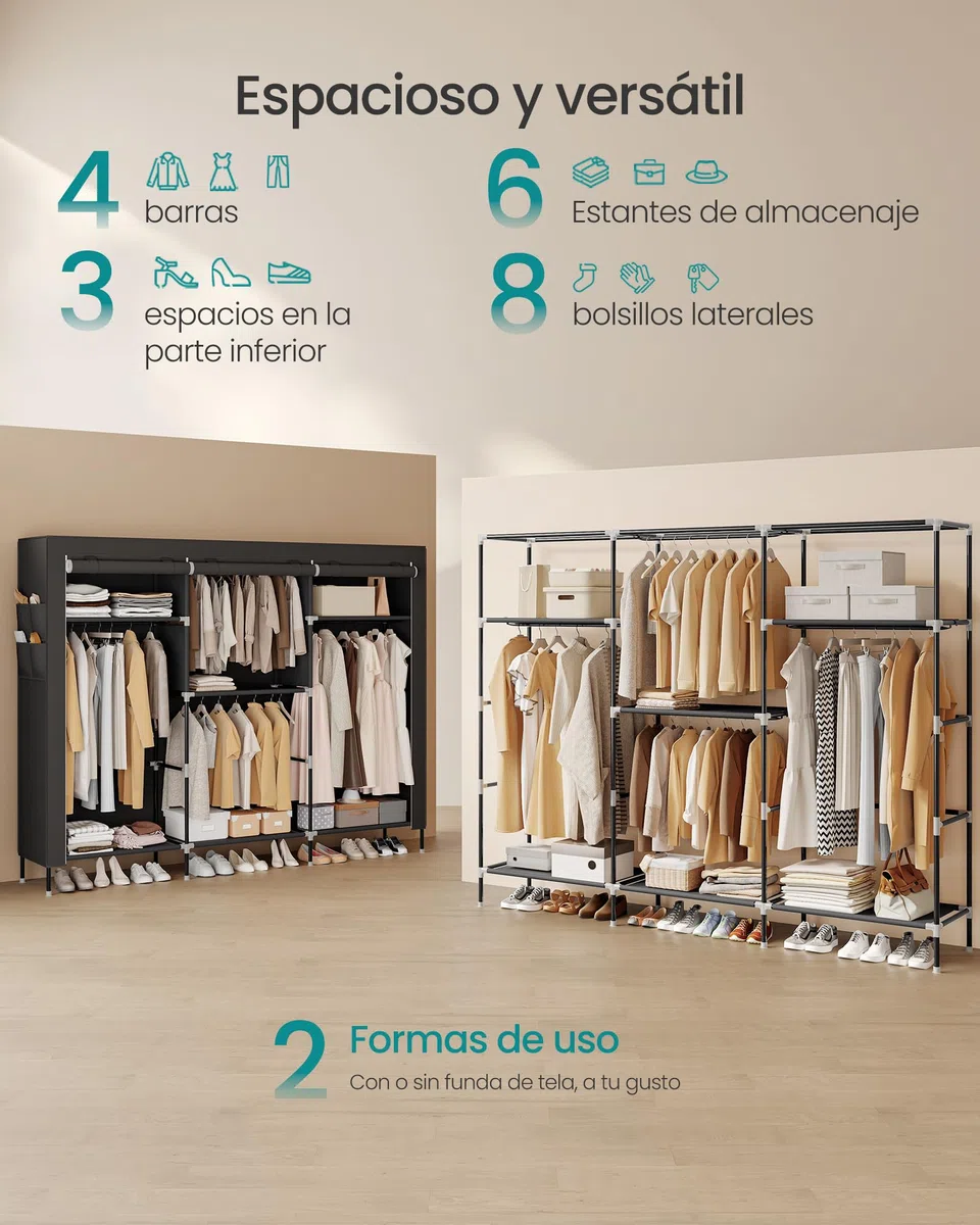 SONGMICS Armario de Ropa de Tela para Dormitorio, Armario Portátil con Barras para Colgar, Baldas y Bolsillos Laterales, Gran Capacidad, 4 Zonas para Colgar Ropa, 45 x 189 x 180 cm, Negro RYG011BZ02