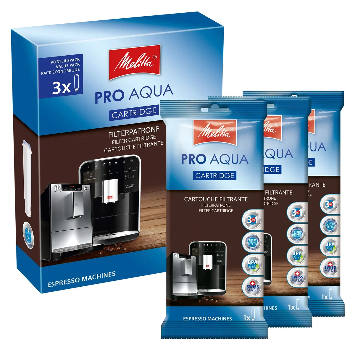 Melitta Cartuchos de filtro Pro Aqua (3 cartuchos) – Filtro de cal para cafeteras automáticas, evita la acumulación de cal y reduce los contaminantes para el mejor sabor del café