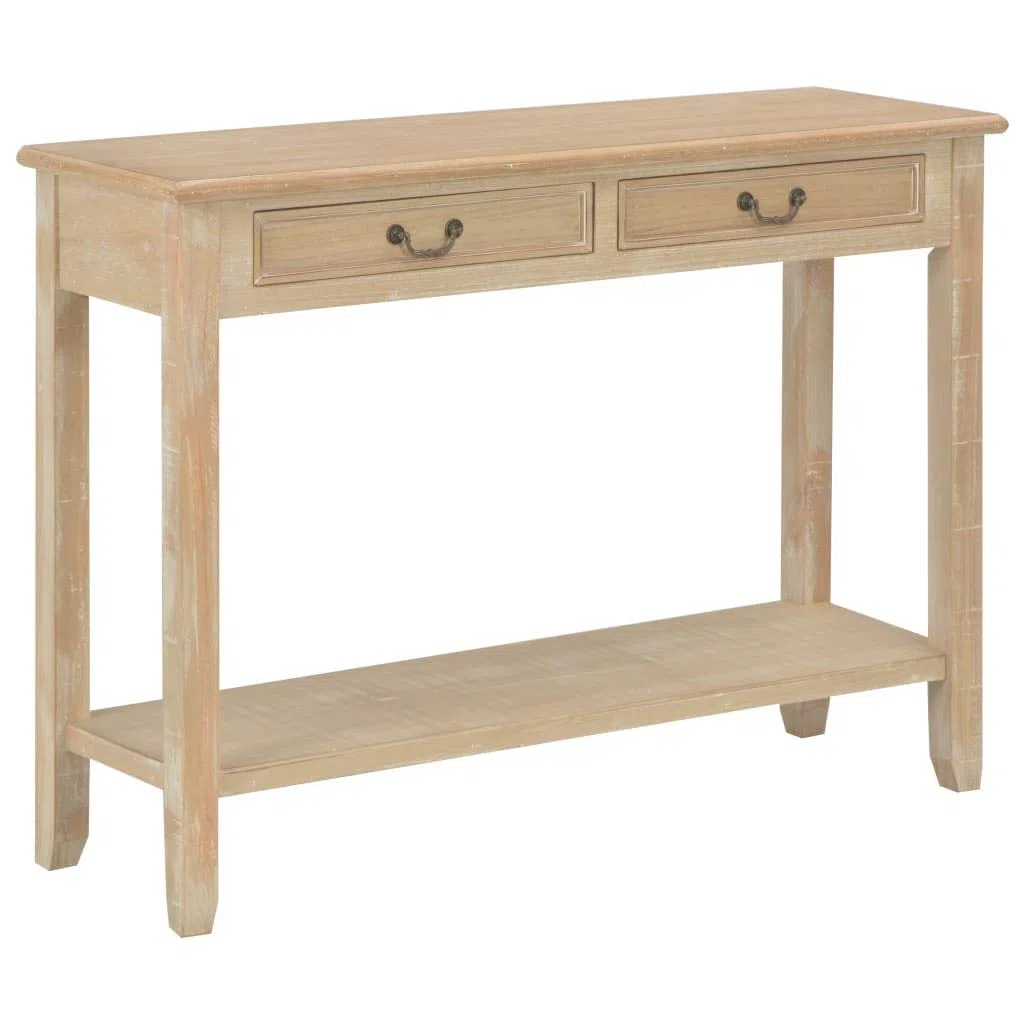 Consola clásica 110 x 35 x 80 cm, mesa auxiliar de madera de pino y MDF con 2 cajones y estantes, aparador para pasillo y salón, color madera natural