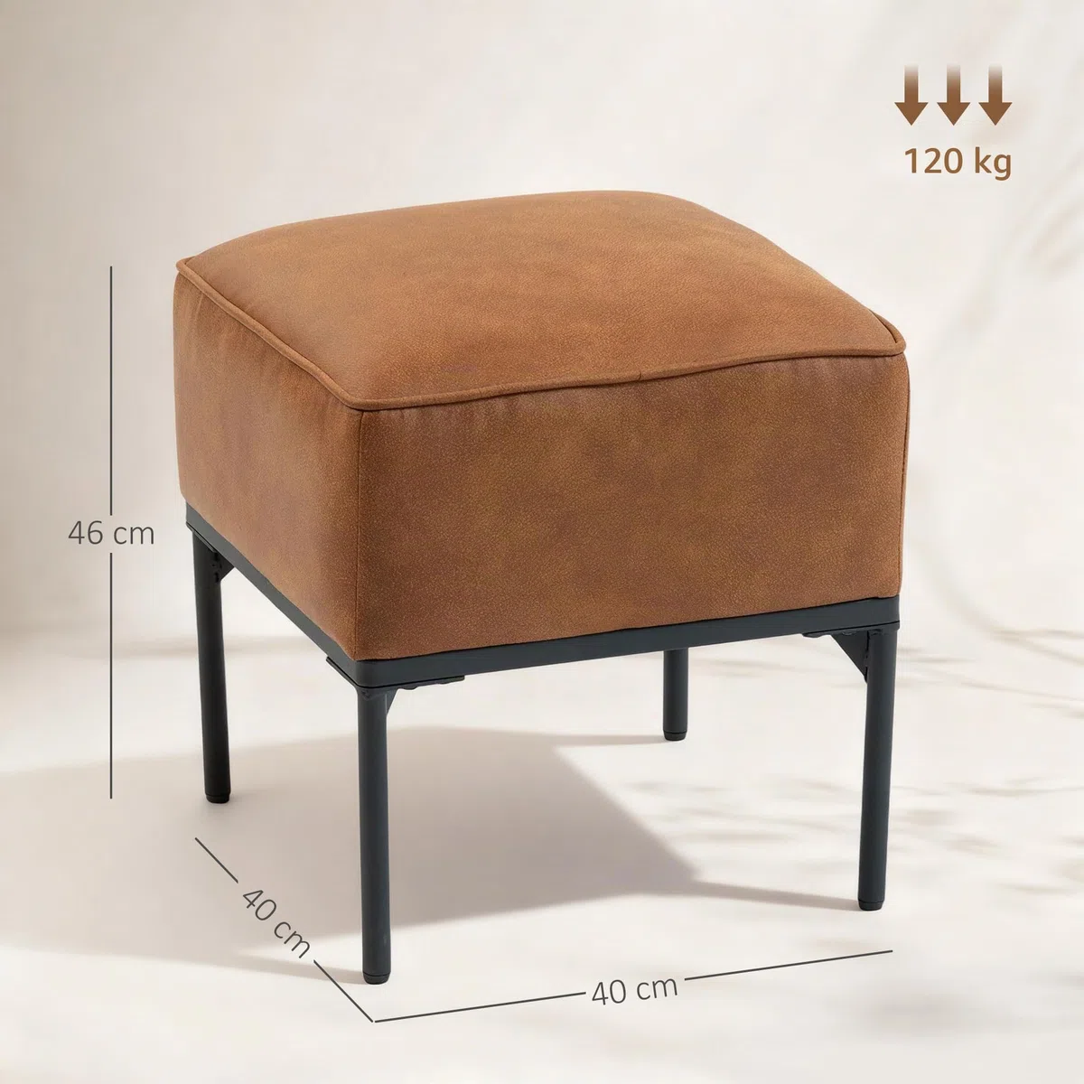 HOMCOM Reposapiés Salón Taburete Bajo Moderno Otomana 40x40x46 cm Marrón | Asiento Acolchado Grueso, Patas de Acero, Cuero Sintético, Otomana de Dormitorio, Carga 120 kg, para Entrada, Pasillo
