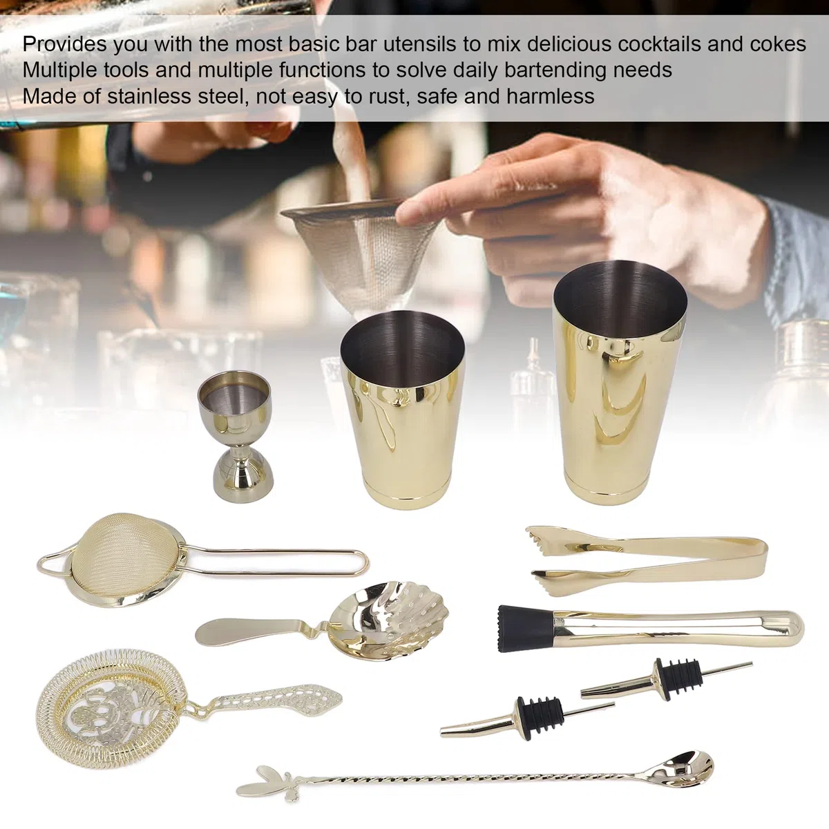 Naroote Juego de Coctelera, Herramientas de Mezcla de Acero Inoxidable para Bares Domésticos, Reuniones Familiares, 11 Piezas (GOLD)