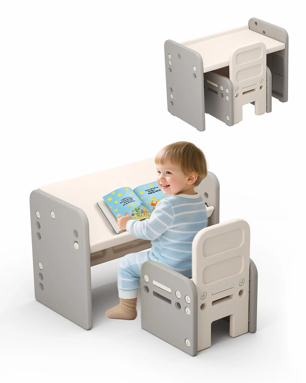 Mesa y Silla para Niños, Mesa de Actividades con Superficie Inclinada para Dibujar, Leer, Escribir y Jugar(Gris)