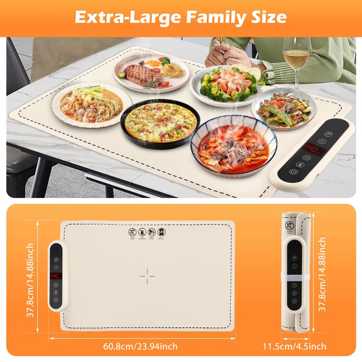 Bandeja Calefactora Eléctrica de Silicona Plegable 60x40 cm – Calentador de Alimentos Portátil con 6 Niveles de Temperatura y Bloqueo para Niños – Ideal para Buffets, Fiestas, Familia y Oficina