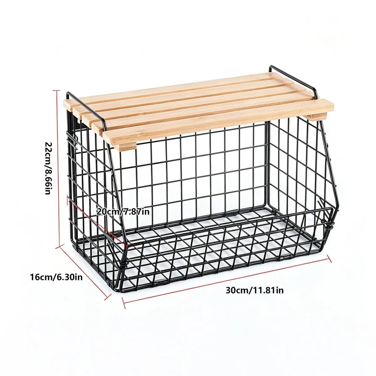 Cesta de alambre de almacenamiento, contenedor montado en la pared para uso en la cocina, marco de hierro con tapa de madera, función de diseño apilable, accesorio de fácil organización, adecuado para