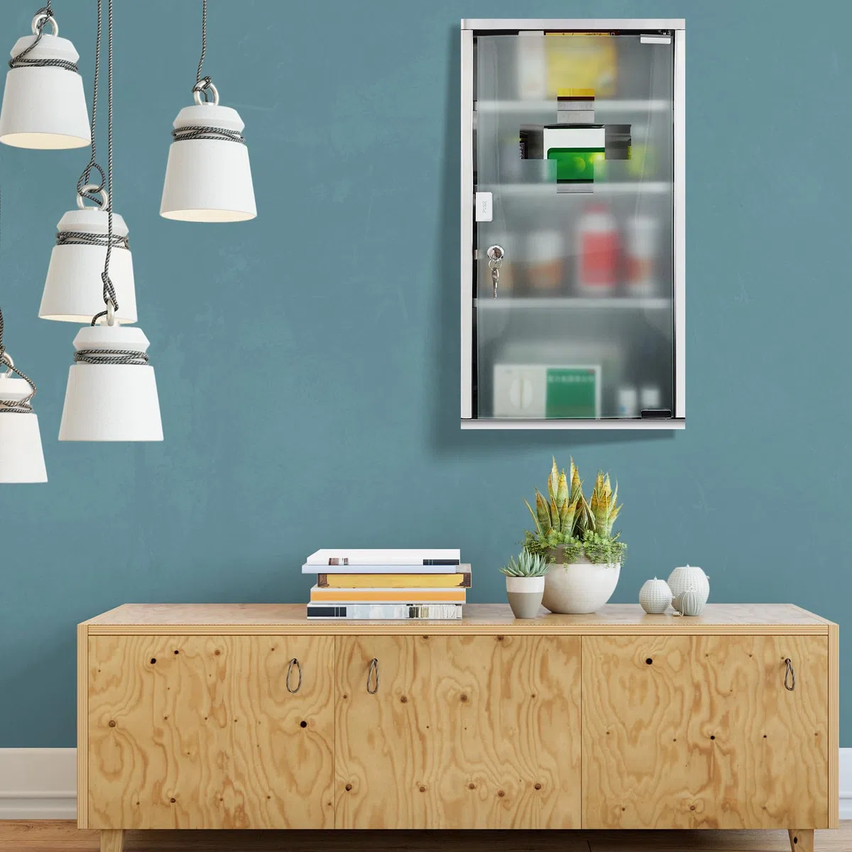 Timgle Botiquín con cerradura, botiquín de primeros auxilios, montado en la pared, almacenamiento de baño, gabinete médico colgante para baño, vestuario, plateado brillante (4 estantes)