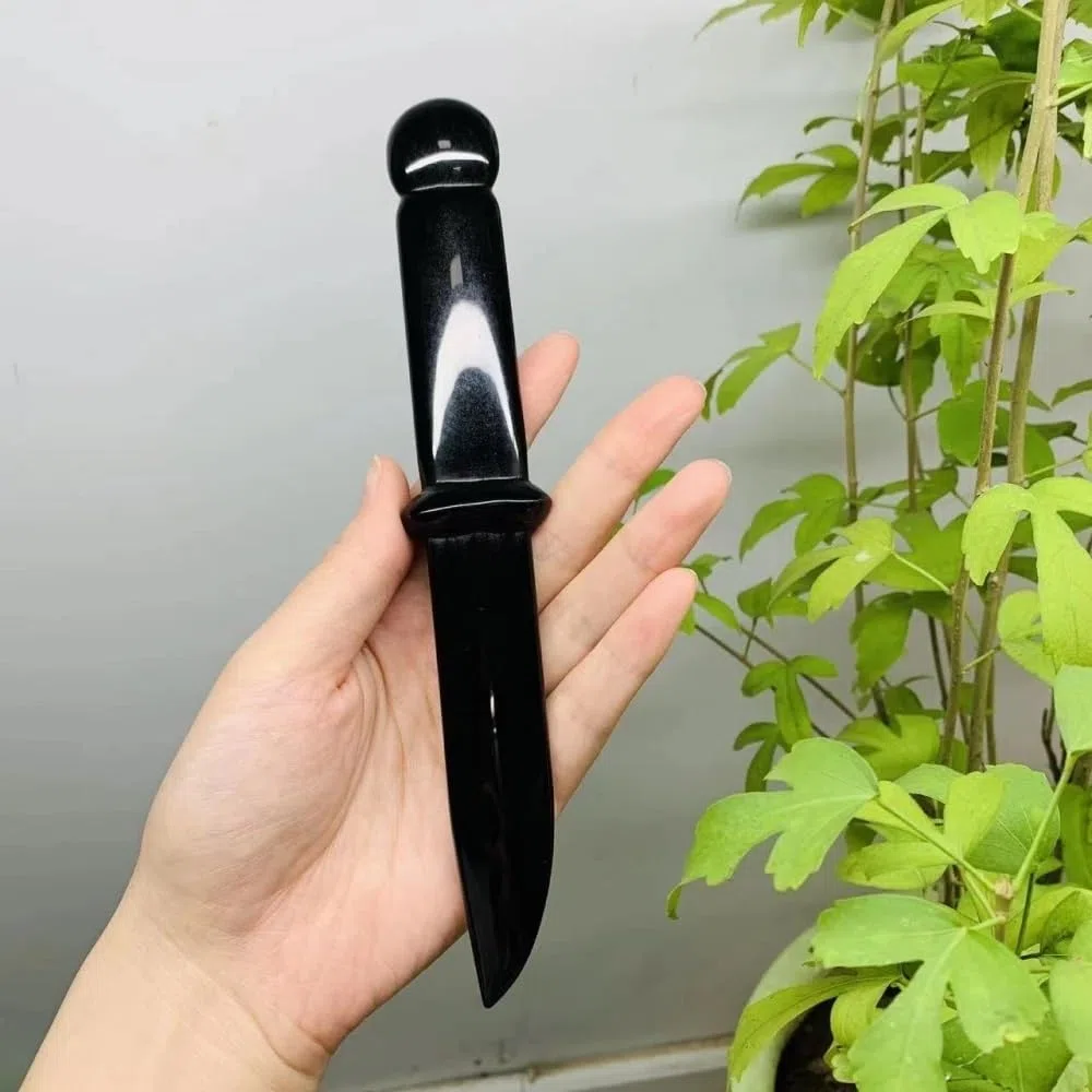 AtkitS Cristal Obsidiana Natural Hecho a Mano Cuchillo Daga Cristal protección Piedra Regalo for Hombres Amuleto Espada Bruja Suministros decoración (Size : 15cm)