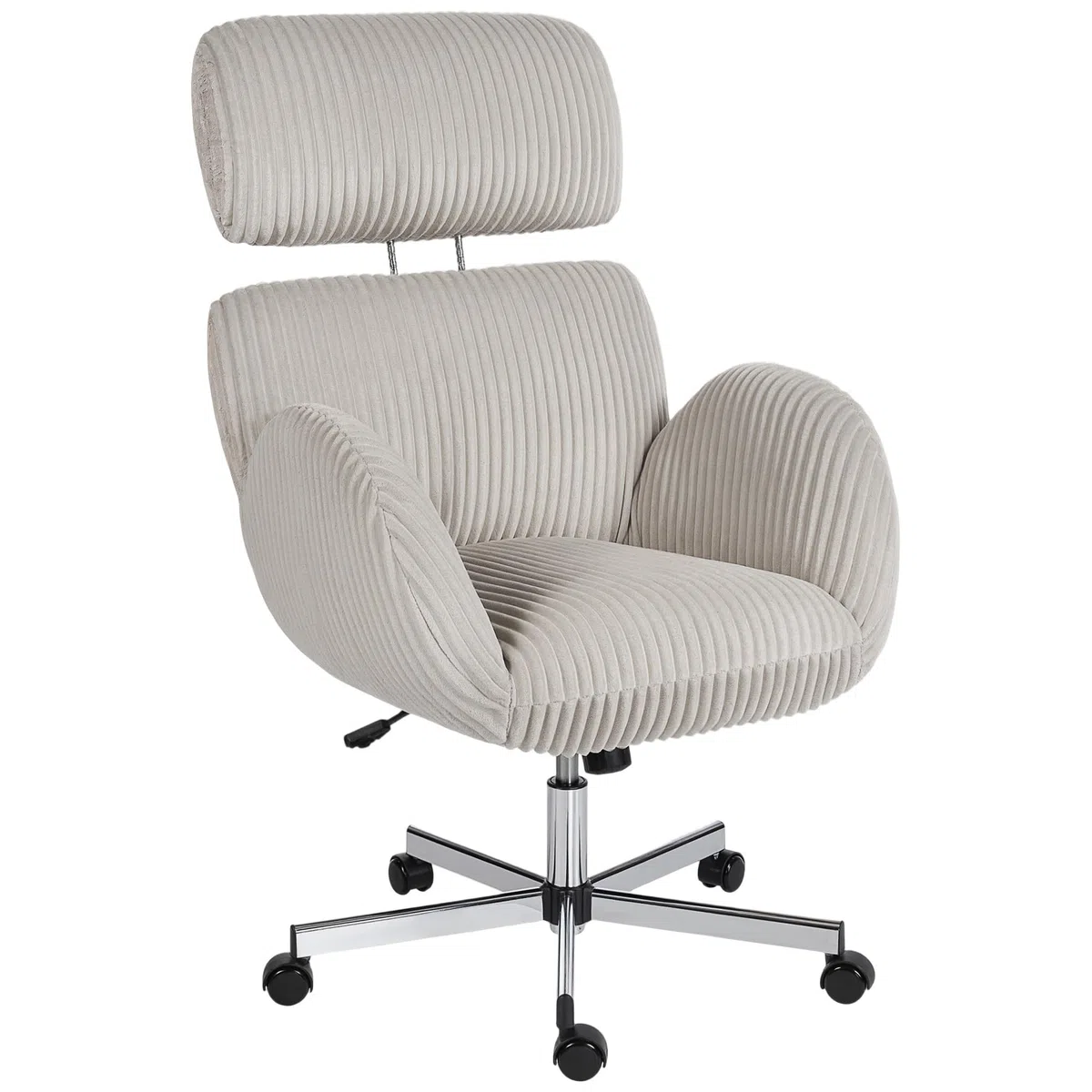 HOMCOM Silla de Oficina Piernas Cruzadas Reposabrazos Respaldo Alto Gris | Silla de Escritorio, Reposacabezas Regulable, Ruedas, Altura Ajustable, Giratoria, Función Basculante, Tapizada en Pana