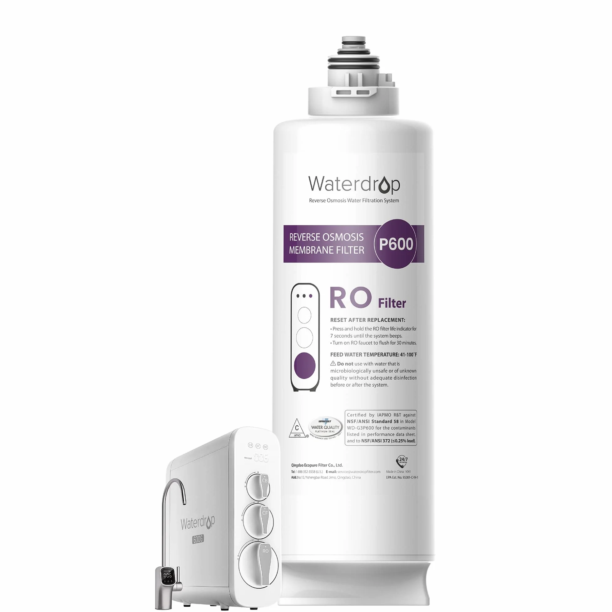 Waterdrop Filtro WD-G3P600-RO, certificado NSF, repuesto para sistema de ósmosis inversa WD-G3P600, vida útil de 2 años