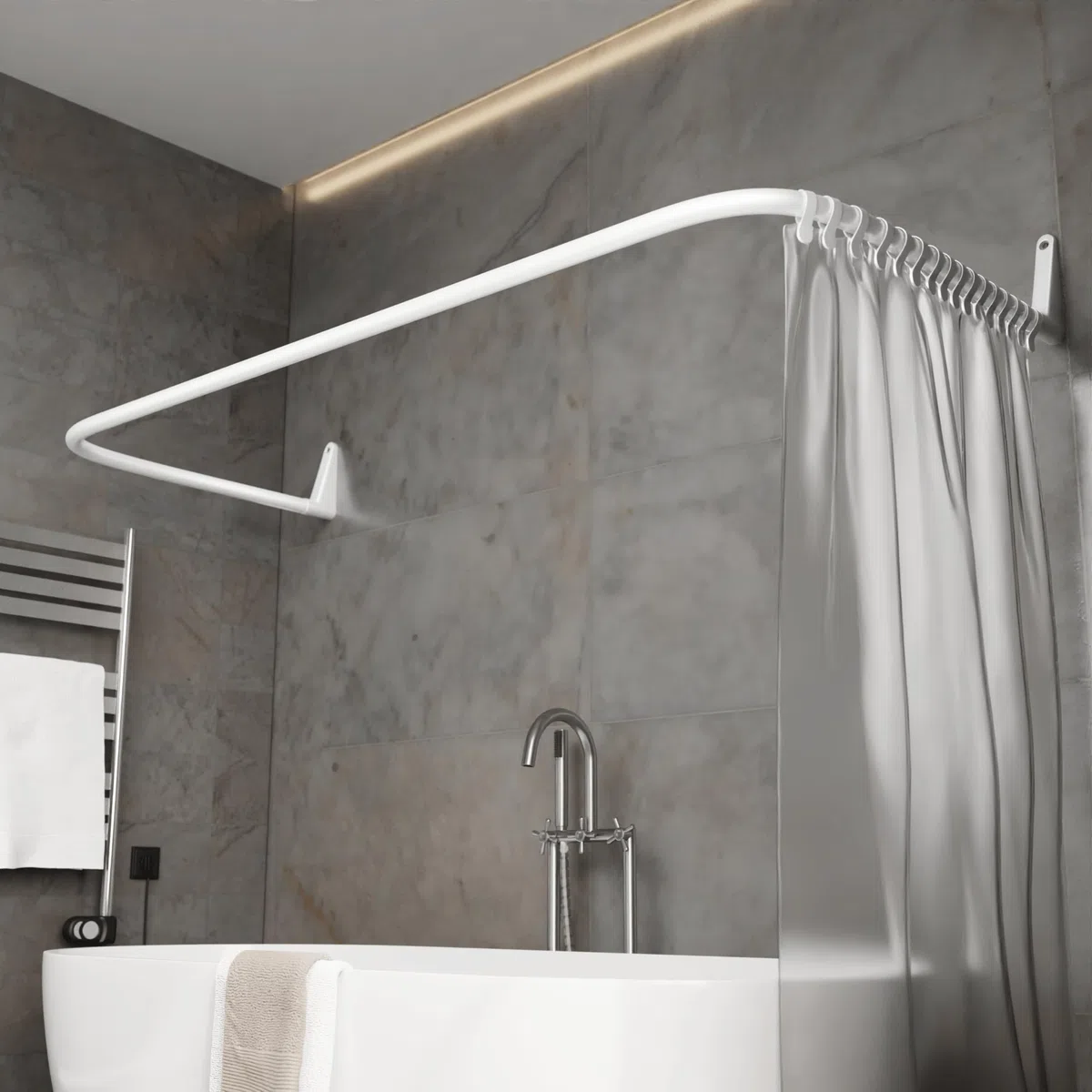 Erica Barra para Cortina de Ducha en Forma de U de 70x165x70cm, Barra para Cortina de Baño para Bañera sin Soporte en el Techo, Recubierta de Plástico sin PVC, Inoxidable (Blanco)
