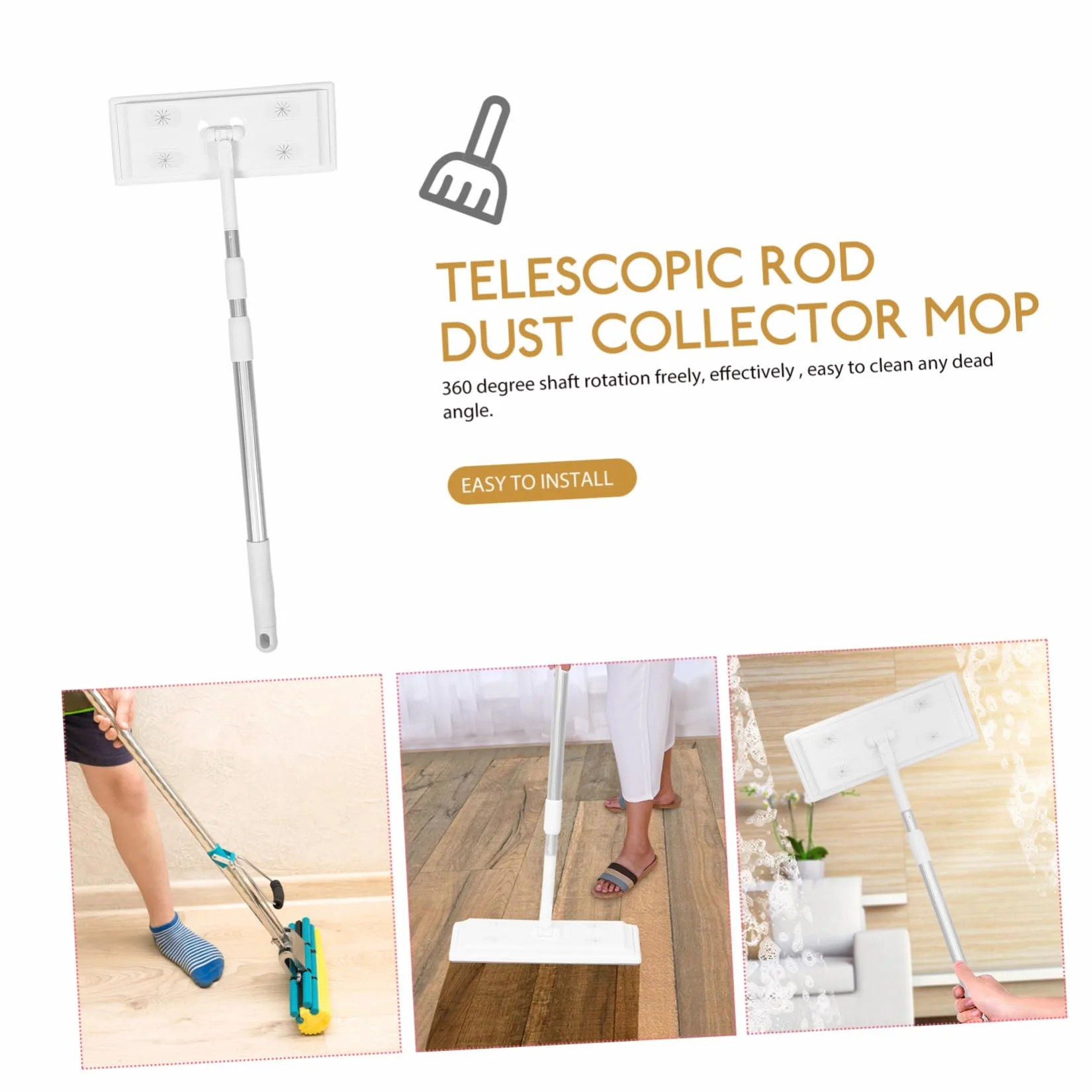 Didiseaon Trapeador Electrostático para Polvo 3 Secciones Varilla Telescópica, Fregona Plana de Hilo sin Pelusa, Herramienta de Limpieza Hogar para Suelos y Superficies, Limpieza , Uso Doméstico