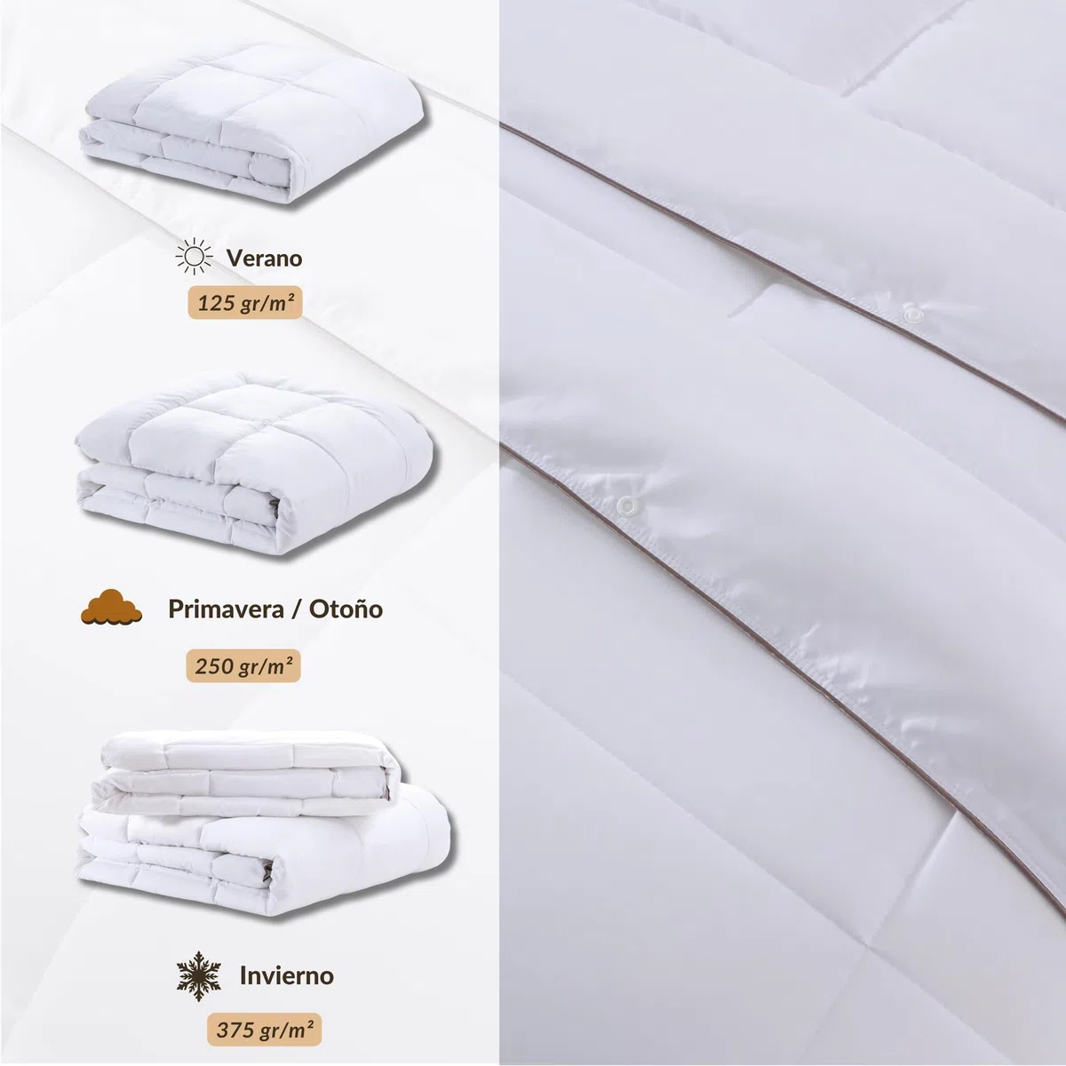 NORA HOME Relleno Nordico Cama 150 4 Estaciones. Conjunto 2 Edredones Antiácaros Fibra 3D. Nivel Térmico hasta 4.5/5. Tacto Plumón. 3 en 1 (125+250=375 gr/m²). Acabado Doble Costura y Bordonado - Duo