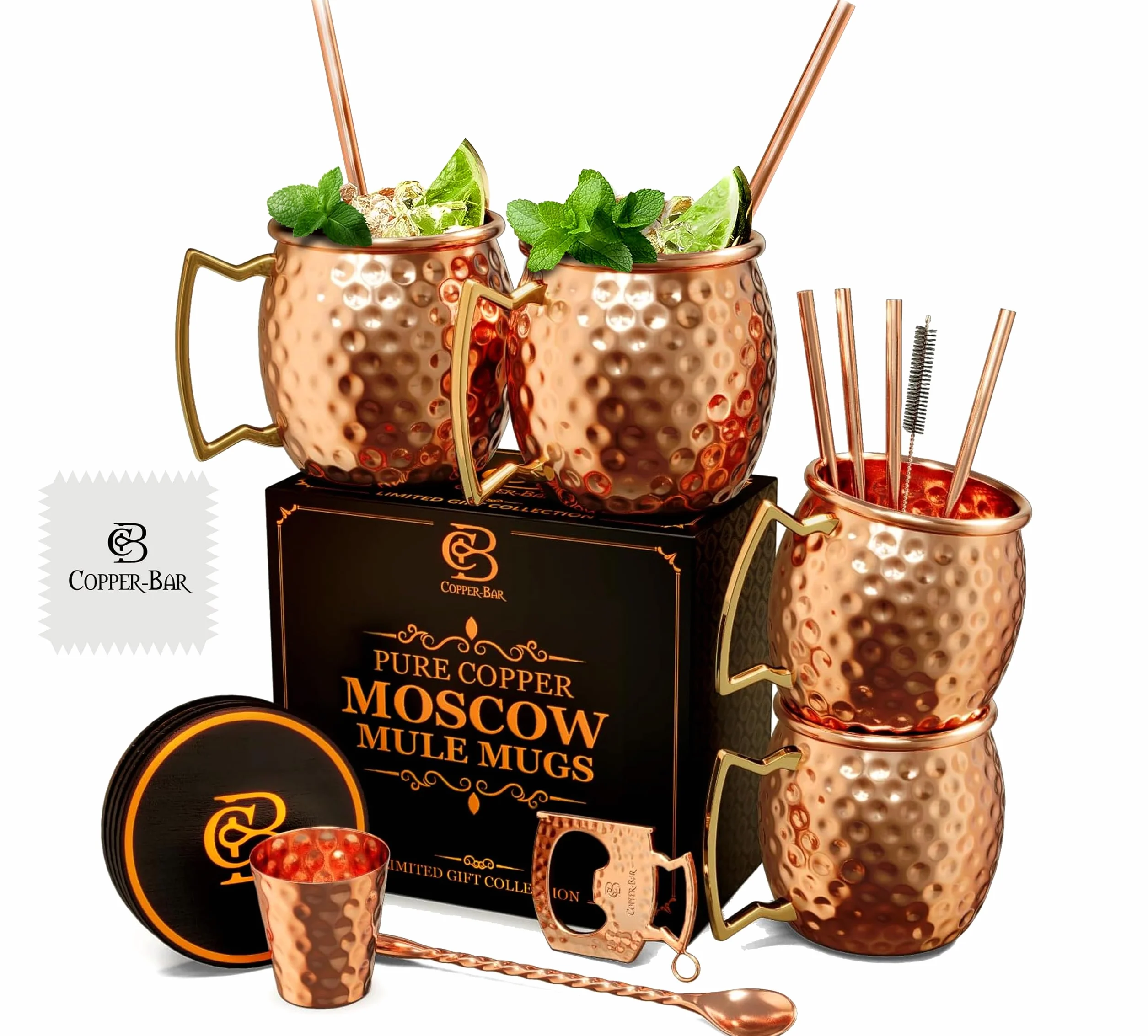 Moscow Mule tazas 100% sólido cobre, martillado, Set de regalo de 4, 16oz, no níquel auténtico mango, Bonus: 4 pajitas + 1 shot glass & 2 Libros Electrónicos por copper-bar