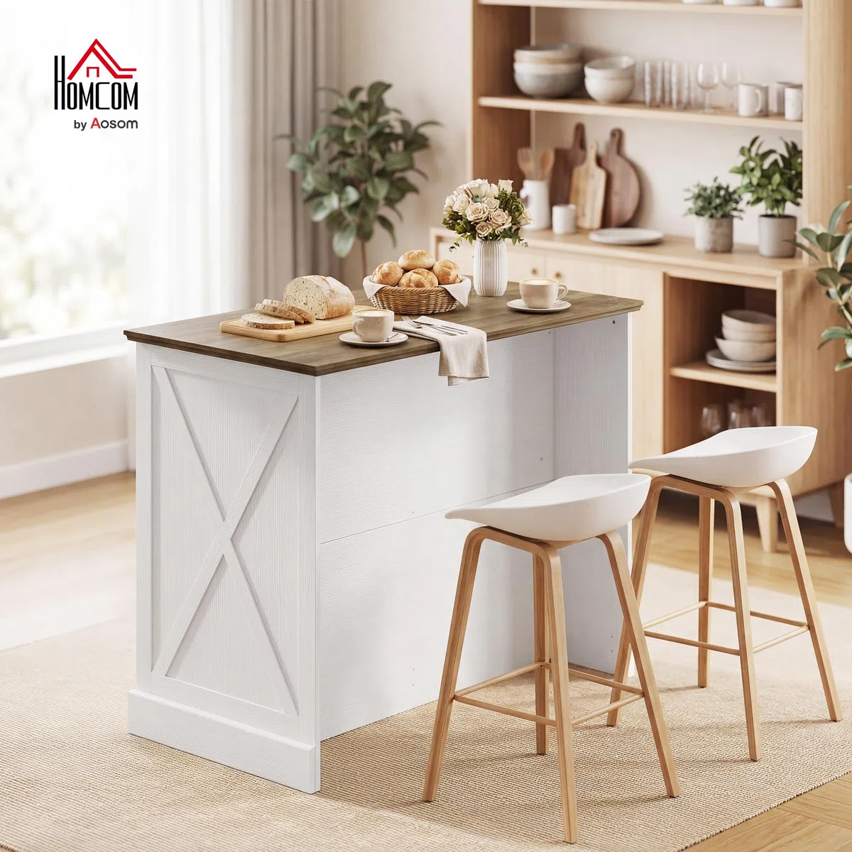 HOMCOM Isla Central Cocina, Aparador Cocina, Mueble de Almacenamiento con 2 Cajones, 2 Puertas Corredizas y Estante Ajustable, Estilo Rústico, 106,4 x 57 x 92 cm, Blanco y Marrón