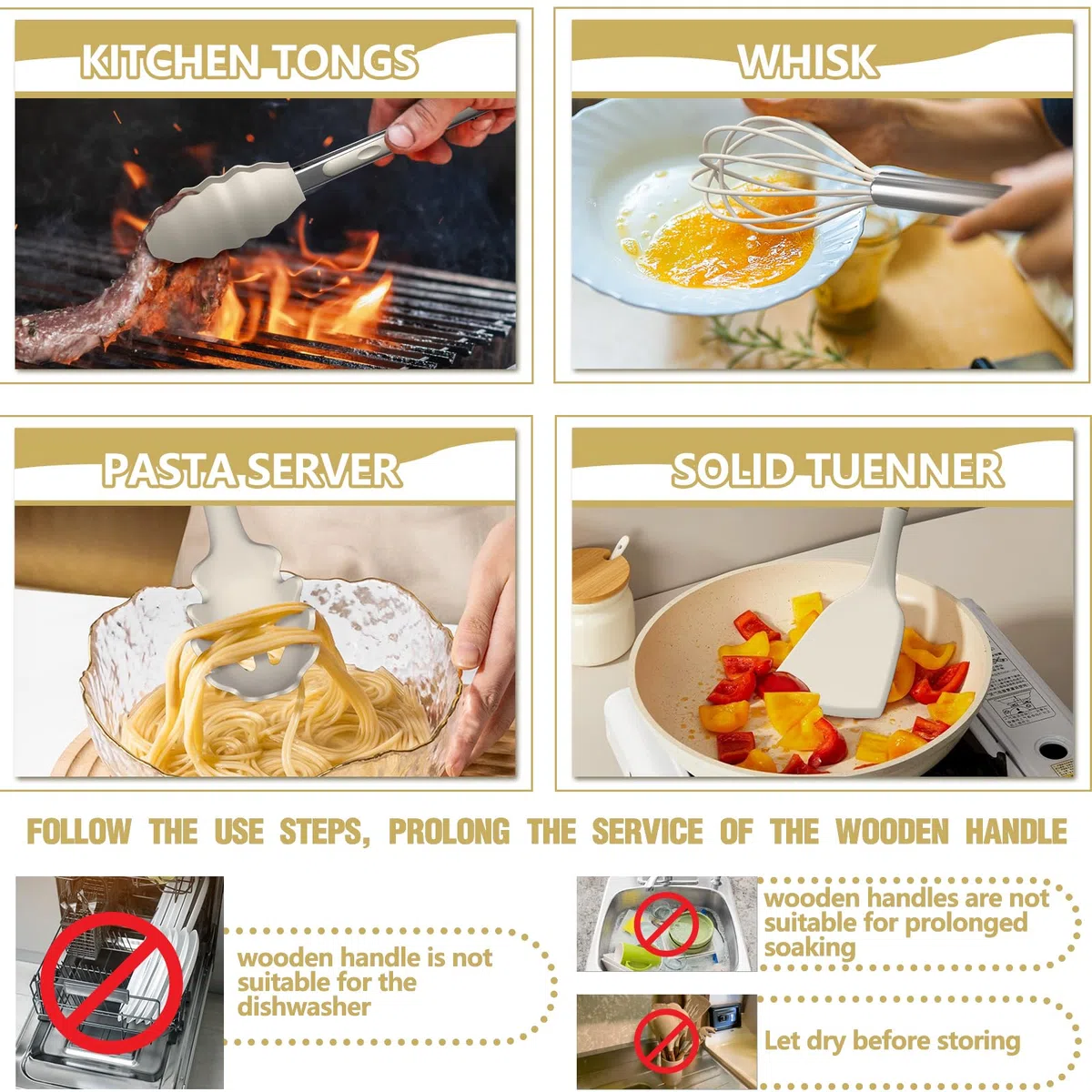 Terlulu Juego de utensilios de cocina, juego de 34 utensilios de cocina de silicona con mango de madera, juego de utensilios de silicona resistentes al calor, juego de pinzas y cuchara para utensilios