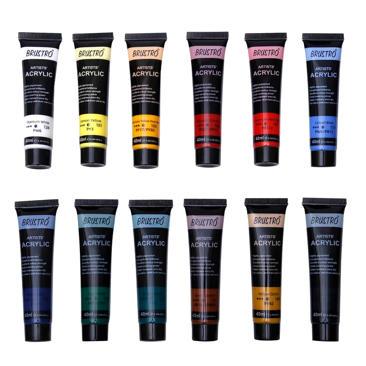 BRUSTRO Pintura acrílica de color para artistas, juego de 12 tubos de color de 40 ml, tonos vibrantes, cuerpo suave, a base de agua, no tóxica, mezclable, ideal para papel, lienzo, cartón, estudiantes