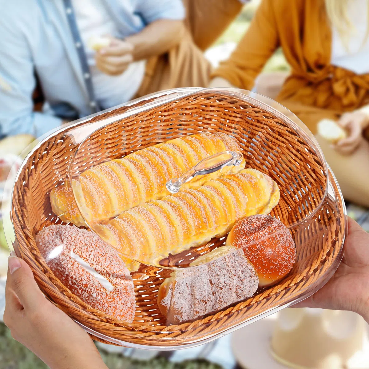 Hushee Juego de 2 cestas de pan de ratán de imitación con tapa, cestas de pan de mimbre para servir cesta de frutas tejida con cubierta, cestas ovaladas para alimentos para verduras, restaurantes