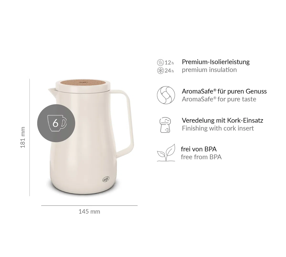 alfi STUDIO TEA - Jarra térmica (0,7 L, acero inoxidable, con doble pared, mantiene el calor durante 12 horas, frío durante 24 horas, cierre giratorio, apertura grande, termo, sin BPA)