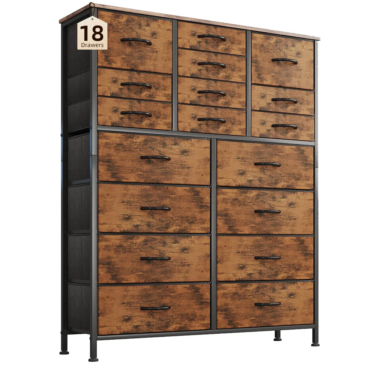 CAIYUN Cómoda con 18 cajones de tela, cómoda para dormitorio, cómoda, salón, armario de almacenamiento, con marco de acero resistente, tablero de madera (marrón vintage)