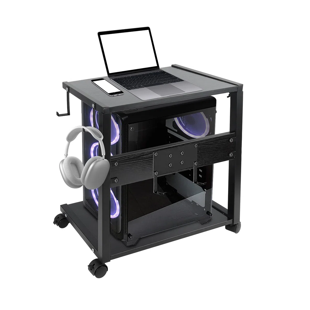 Soporte Torre PC con Ruedas, Soporte para Impresora Ajustable en Altura, Mueble para Torre Ordenador de Sobremesa con 4 Ganchos, para Bajo Mesa (58.5-72 cm)