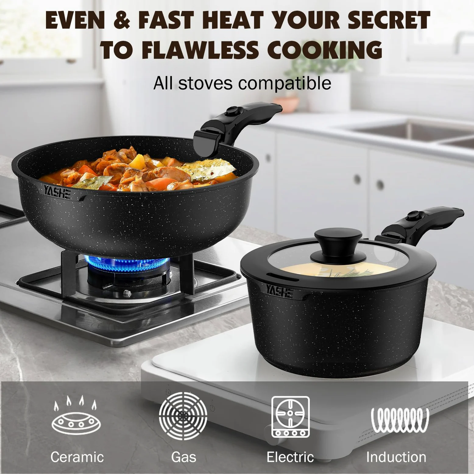 YASHE Batería de Cocina 21 Piezas, Antiadherente, con Mangos Desmontables y Tapas de Vidrio, Compatible con Inducción, Horno y Lavavajillas, Apilable, Gris