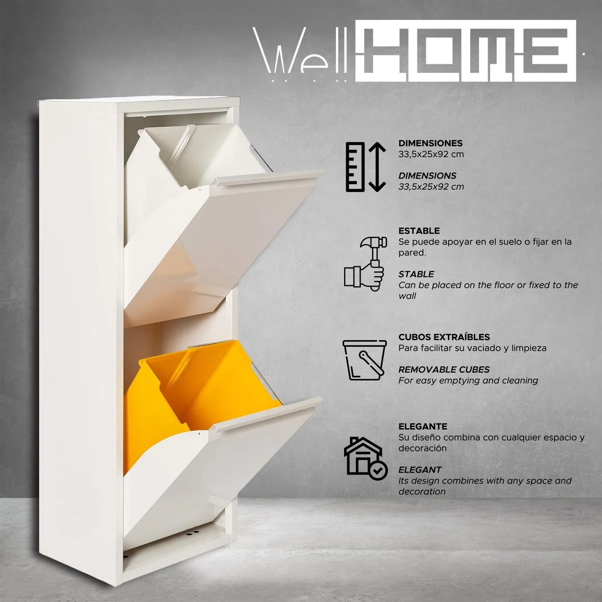 WELL HOME MOBILIARIO & DECORACIÓN Cubo de basura y reciclaje Metálico de 2 compartimentos, 2x17L (34L) Blanco mate