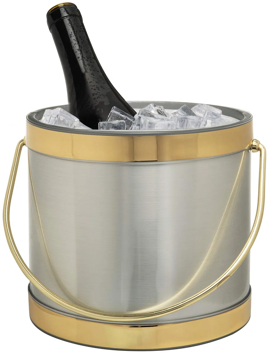 Mr. Ice Bucket Cubo de hielo cepillado con bandas doradas, 3 cuartos de galón, color plateado