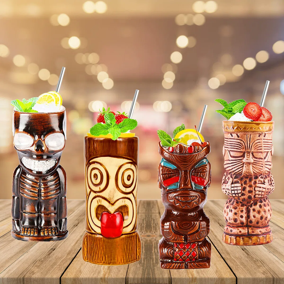 Tiki – Taza–Tiki Tazas Set De 8–Vasos De CóCtel Tiki De CeráMica–Copas De Bar Tiki –Fiesta Hawaiana–Copas Tropicales Premium Para Fiestas ExóTica