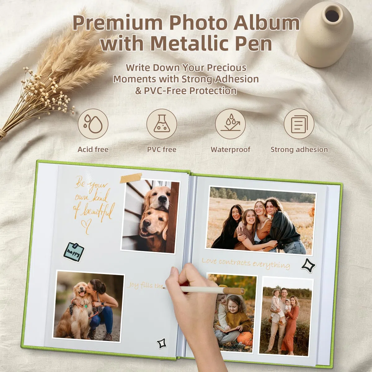 Popotop Álbum de fotos autoadhesivo con ventana de visualización de imágenes, 60 páginas, álbum de recortes para fotos de 4 x 6 a 10 x 12 pulgadas, libro de recuerdos con cubierta de lino para boda
