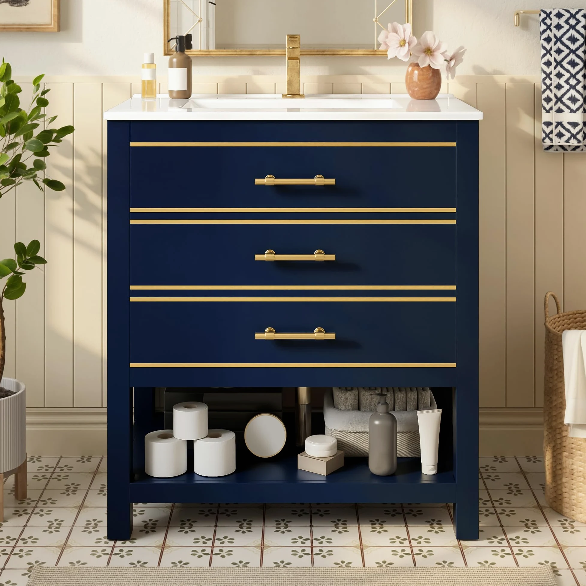 Lexiou Mueble de baño con lavabo de cerámica, mueble de baño independiente con 2 cajones y compartimento abierto, asas doradas, sin grifo ni desagüe (negro y azul)